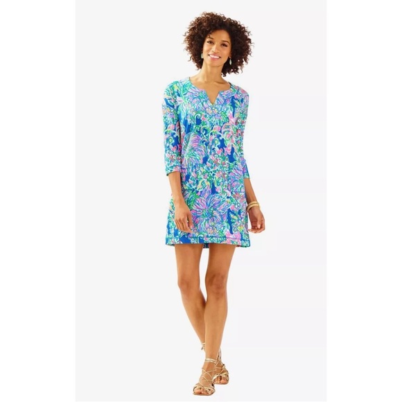 Lilly Pulitzer Joyce Indigo Exotic Escapade French Terry UPF 50 Knit Shift Dress - Picture 2 of 9